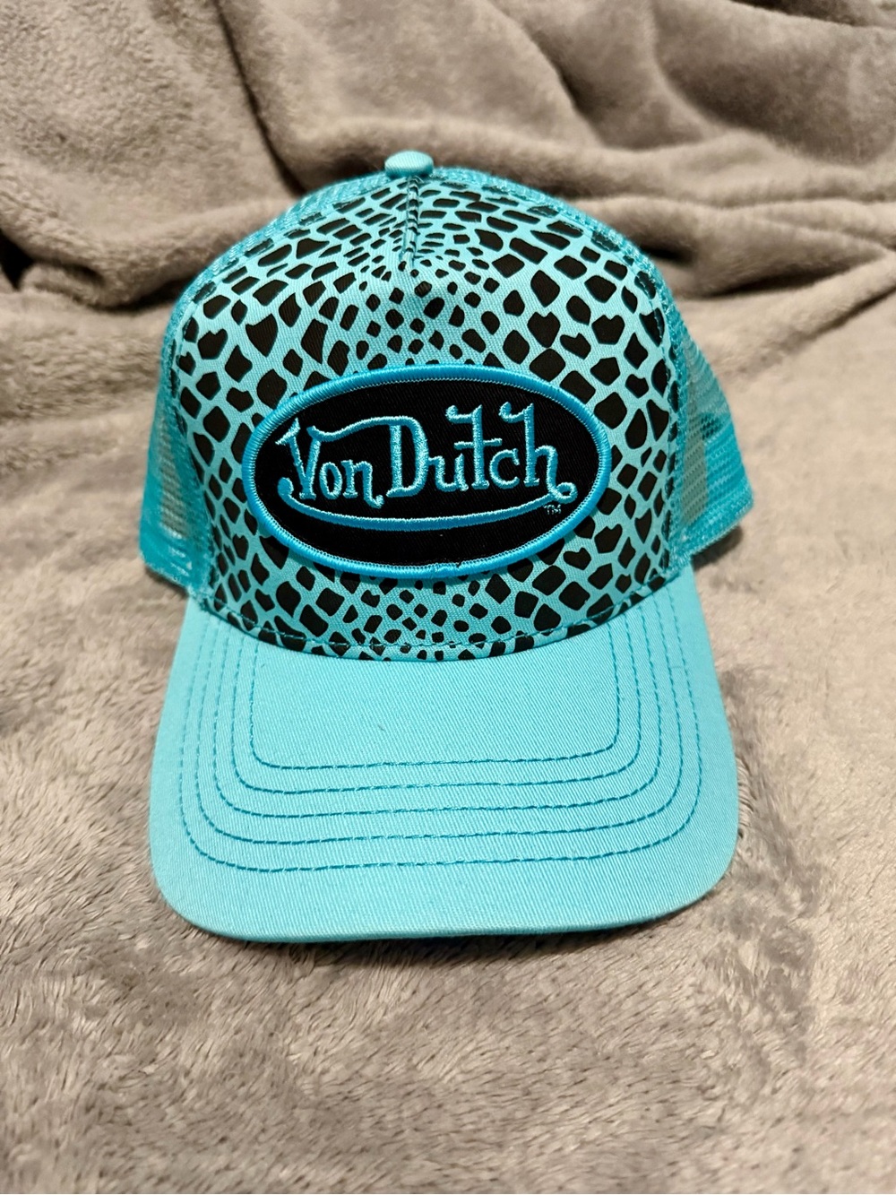 Von Dutch Turquoise Mesh Trucker Hat with Black Animal Print